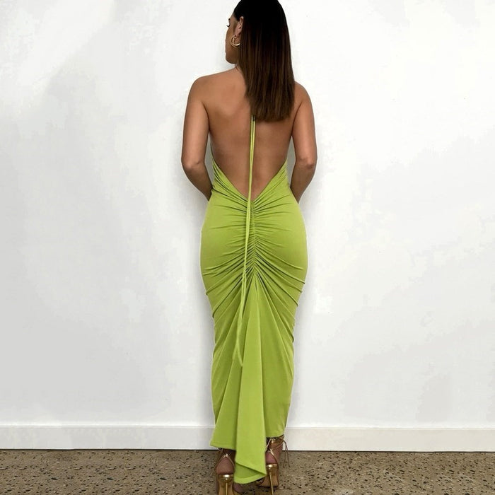 BIG PROMOTION Slim Fit Solid Elegant Sexy Large Open Back Strap Dress Pleated Summer Women's Y2K2023 Women's Fashion