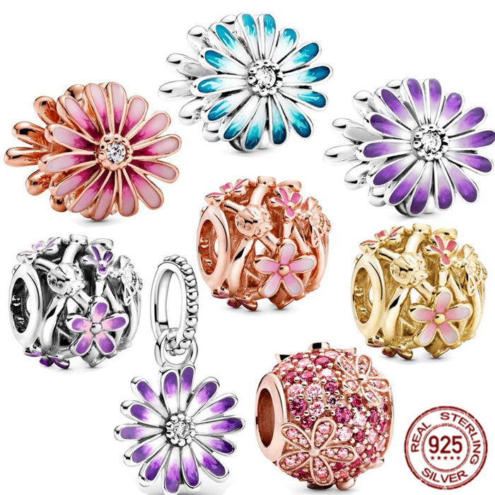 Silver 925 Openwork Pink Purple Golden Blue Daisy Flower Charm Bead Fit Original Pandora Bracelet Necklace DIY Jewelry for Women