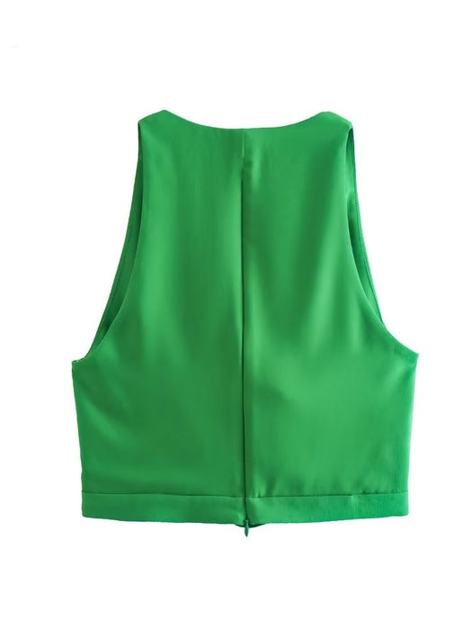 Women Fashion Sagging Neckline Design Sleeveless Green Top