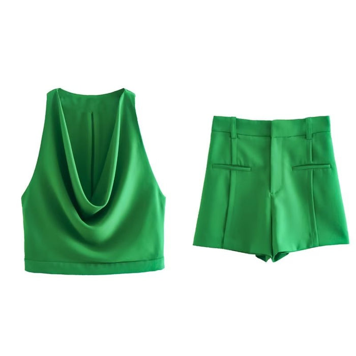 Women Fashion Sagging Neckline Design Sleeveless Green Top