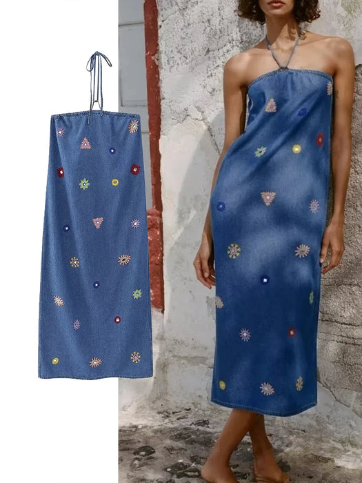 Woman Embroidery Slip Halter Long Dress