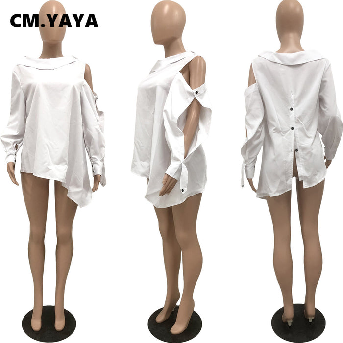 CM.YAYA Women Shirts Solid Full Sleeve Side Hole O-Neck Loose Shirts Office Lady Streetwear Summer Fall 2022 Loose INS Tops