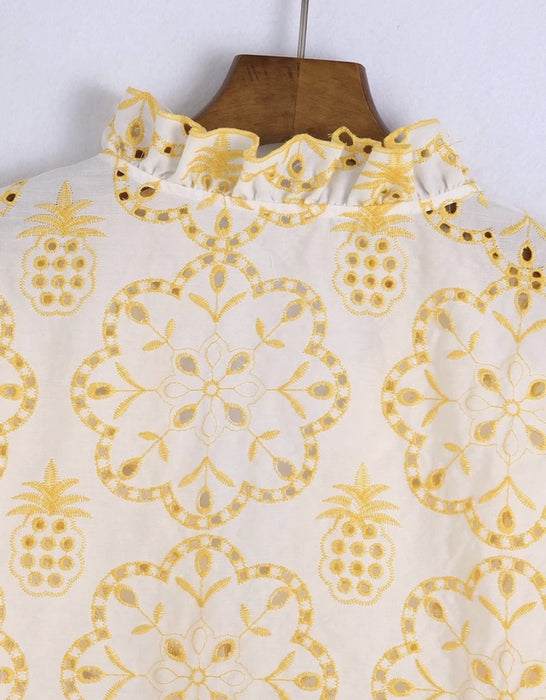 Embroidery Hollow Out Yellow Blouse